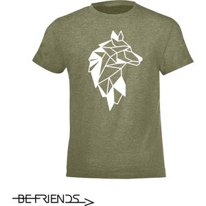 Be Friends T-Shirt - Wolf - Kinderen - Kaki - Maat 8 jaar