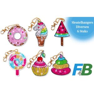 F4B Diversen Sleutelhanger Diamond Painting | Dubbelzijdig | 6 Stuks | Cupcake | Eenhoorn | Donut | Lolly | Kinderen | Meiden | Pakket Volledig