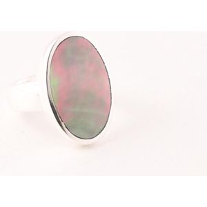 Ovale hoogglans zilveren ring met zwarte parelmoer - maat 17.5