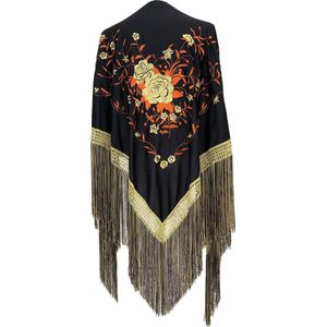 Spaanse manton  - omslagdoek - zwart oranje goud bij verkleedkleding of flamenco jurk