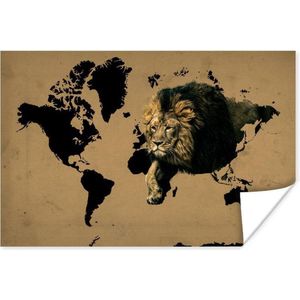 Wanddecoratie - Wereldkaart - Bruin - Leeuw - 90x60 cm - Poster