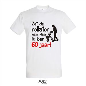 60 jaar verjaardag - T-shirt Zet de rollator maar klaar ik ben 60 jaar! - Maat S - Wit - 60 jaar verjaardag - verjaardag shirt