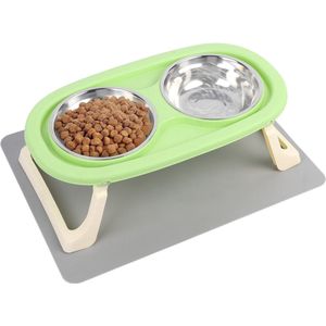 Verhoogde Kattenvoerbak met Verstelbare Standaard en Siliconen Mat, Set van 2, Groen, Ideaal voor Kattengezondheid