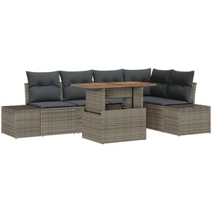 vidaXL - 6-delige - Tuin - Eettafelset - met - Kussens - Grijs - Poly - Rattan - Acacia