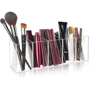 Penseelhouder met 5 compartimenten, acrylborstelhouder, transparante make-up organizer, grote capaciteit, verdeelde opbergruimte, multifunctionele cosmetische organizer voor penselen, eyeliners, lippenstift