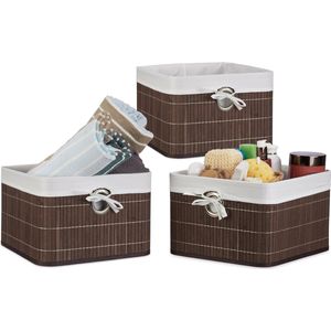 Relaxdays 3x opbergmand bamboe - opvouwbare mand - stof - decoratie - speelgoedmand bruin