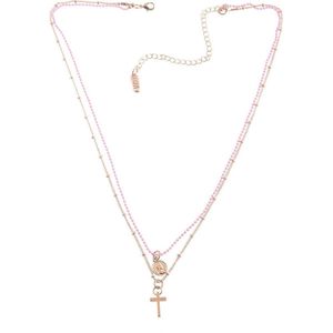 Behave - Ketting - Rosékleur, metaal, 2rijen, hanger kruis + 7,5 cm verlengketting