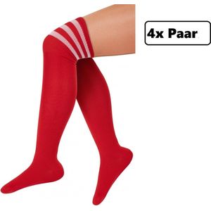 4x Paar Lange sokken rood met witte strepen - maat 36-41 - kniekousen overknee kousen sportsokken cheerleader carnaval voetbal hockey unisex festival
