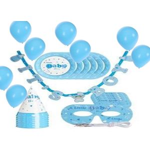 Geboorte feest baby kraamcadeau Slinger 8 bordjes 8 feesthoedjes en 8 blauwe ballonnen. Jongen zoon
