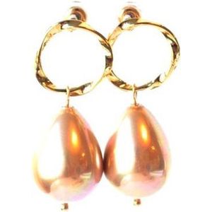 Oorbellen met oorsteker goldplated en schelp parel champagne, 4 cm lang