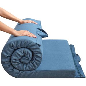 Opvouwbaar Futonmatras met Handgreep en Rits - Hypoallergene Bekleding - Dikke Schuimvulling - Campingmatras voor Binnen & Buiten - Gastmatras - Reismatras - 90x190 cm - Blauw