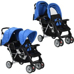 vidaXL - Kinderwagen - dubbel - staal - blauw - en - zwart