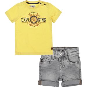 Koko Noko - Kledingset - 2 delig - Jongens - Short Grey Jeans - Shirt Yellow met print - Maat 122
