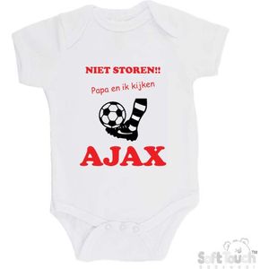 100% katoenen Romper ""Niet storen!! Papa en ik kijken AJAX"" Unisex Katoen Wit/rood/zwart Maat 56/62