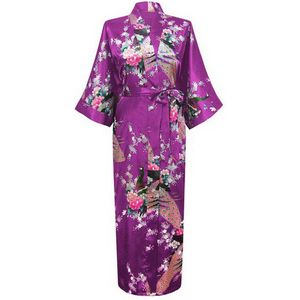 KIMU® Kimono Paars Maxi - Maat L-XL - Yukata Satijn Lang - Lange Paarse Ochtendjas Japanse Kamerjas Sexy Satijnen Badjas Geisha Pauw Pyjama Jurk Kerst Kado