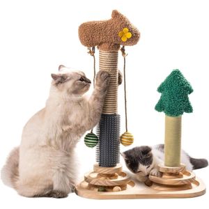 3-in-1 interactief houten kattenspeelgoed - draaitafel kittenspeelgoed - kattenhangballen - krabpalen - binnenkatten - 40 x 57 cm cat sisal