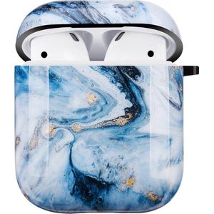 AirPods Hoesje - Hard Case - Met Clip - voor Airpods 1/2 - Blauw Marmer
