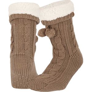 Apollo - Dames huissokken met antislip - Donker Beige - Maat 36/41 - Huissokken dames - Fluffy sokken - Slofsokken - Huissokken anti slip - Warme sokken - Winter sokken