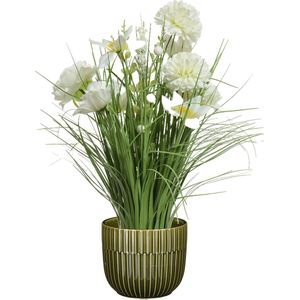 Kunstbloemen boeket wit in pot groen - keramiek - H40 cm