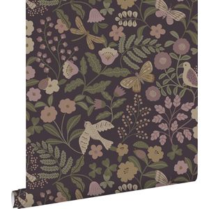 ESTAhome behang bloemen en vogels aubergine paars, olijfgroen en lila paars - 53 cm x 10.05 m - 139871