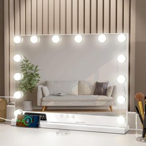 Nieuwe titel:Large Wall Makeup Mirror with 14 LED Lights, 3 Lighting Modes, USB and 10x Magnification - White, 50x40 cm