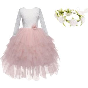 Communie jurk Bruidsmeisjes jurk bruidsjurk wit roze kant laagjes 98-104 (110) prinsessen jurk feestjurk + bloemenkrans