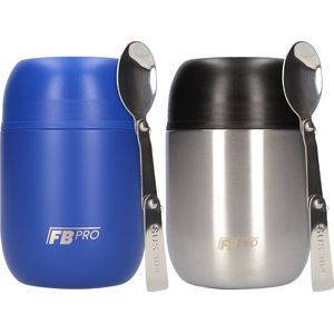 Thermos Voedselcontainer met Lepel x2 - Thermoskan Set van 2 - Voedsel container voor noodles, soep, havermout, ijs, babyvoeding en meer! - Yoghurt beker to go - Thermosbeker voor het meenemen van eten - Blauw & RVS Zwart - 420ml