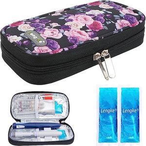 Insuline Cooler case, diabetische reiskoffer, draagbare insuline koeltas voor insuline pen en insuline geneeskunde (paars-roze roos)