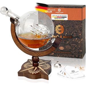 Whiskey Karaf Echt Hout Kompas - Whisky Karaf 850ml Met Wenskaart - Whisky Accessoires - Mannen Geschenken - Whisky Karaf Wereldbol - Cadeauset - Alcohol - Whisky Karaf