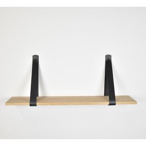 Barnwoodweb Wandplank Nieuw Eiken met Lederen Zwarte Plankdragers - 100 cm plank - Boekenplank met Leren Riemen