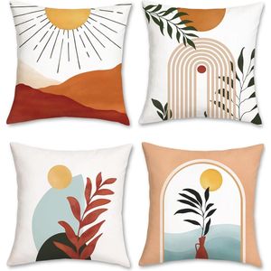 Set van 4 kussenslopen, boho, abstract, 45 x 45 cm, zonneboogbladeren, fluweel, zachte decoratieve kussenhoezen, modern, minimalistisch, sierkussenhoezen voor tuin, outdoor, woonkamer, woondecoratie