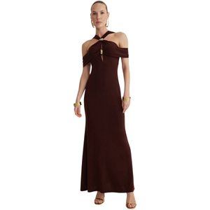 Trendyol Bruine Getailleerde Accessoire Gedetailleerde Gebreide Lange Elegante Avond- En Nachtjurk Voor Afstuderen Tprss25Ae00015