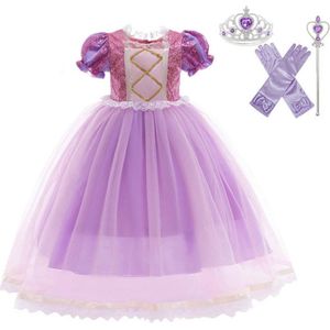 Joya Kids® Rapunzel Prinsessenjurk meisje | Verkleedjurken meisjes | Rapunzel jurk Roze en Paars | Met Kroon en Toverstaf | maat 104/110(110)