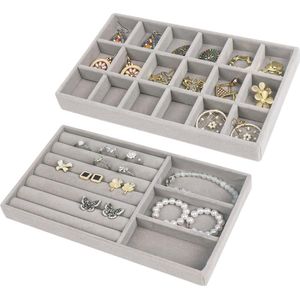 Velvet Jewellery Tray Insert for Drawers - Earring Organizer - Grey - Pack of 2