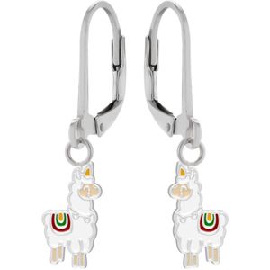 Oorbellen meisje zilver | Eenhoorn oorbellen | Zilveren oorhangers, alpaca unicorn met regenboog zadel