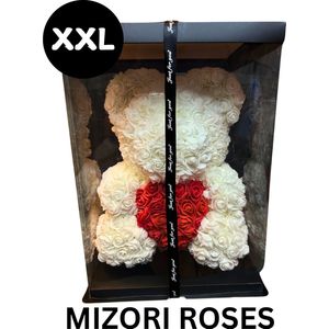 Mizori Roses XXL - Rose bear met hart & giftbox - rozen beer - Valentijn - Kerstcadeau - Romantisch Liefdes Moederdag cadeautje - Cadeau voor vrouw - Huwelijk - Vriendin - Wit met rode hart
