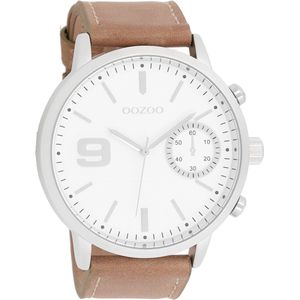 OOZOO Timepieces - Zilverkleurige horloge met bruine leren band - C8580