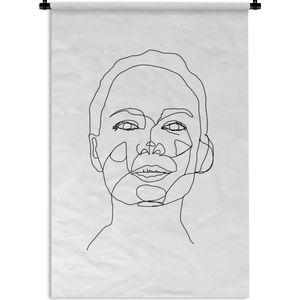 Wandkleed Line-art Vrouwengezicht - 20 - Line-art illustratie blij vrouwengezicht op een witte achtergrond Wandkleed katoen 60x90 cm - Wandtapijt met foto