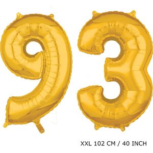 Mega grote XXL gouden folie ballon cijfer 93 jaar. Leeftijd verjaardag 93 jaar. 102 cm 40 inch. Met rietje om ballonnen mee op te blazen.