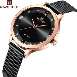 NAVIFORCE horloge met zwarte stalen polsband, zwarte wijzerplaat en roze gouden horlogekast voor dames met stijl ( model 5023 RGB )