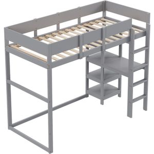 Gotagee Hoogslaper met opbergruimte 90 x 200 cm, bedframe van grenenhout met lattenbodem, bed voor kinderen en tieners grijs