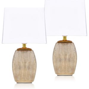 BRUBAKER Set van 2 Tafellampen - Bedlampjes - Decoratieve Lampen - Keramische voet - Wit - Goud - 38 cm