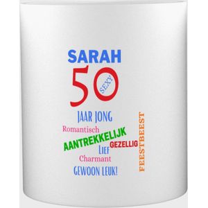 sleutelhanger wereld - Sarah 50 Mok met opdruk - verjaardag cadeau - mama - Grappige tekst - 350 ML inhoud
