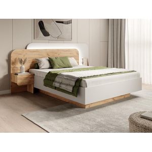 Vente-unique Bed met opbergruimtes met nachtkastjes 160 x 200 cm - Met ledverlichting - Kleur: naturel en wit + matras - DESADO L 245.2 cm x H 115.6 cm x D 208.8 cm