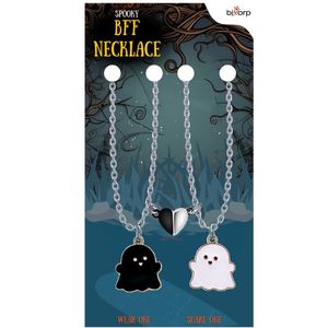 Bixorp Friends BFF Ketting voor 2 met Spookjes & Hartje - Magnetische Vriendschapsketting - Cadeau voor Beste Vrienden - Zilver met Dubbele Hangers - 45+5cm