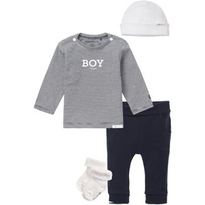 Noppies - Kledingset - 4 delig - Broek Humpie Navy - Shirt Newman gestreept BOY - Muts Babylon wit - 1 paar sokjes - Maat 44