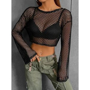 Visnet Croptop Shirt Zwart Fishnet L Large (40/42) | Visnet Top | Netshirt | Mesh shirt body | Festival outfit