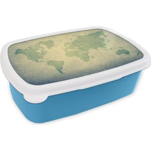 Broodtrommel Blauw - Lunchbox - Brooddoos - Wereldkaart - Wereldbol - Groen - Kids - Jongens - Meid - 18x12x6 cm - Kinderen - Jongen
