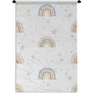 Wandkleed Kinderkamer Patroon - Kinderpatroon met regenbogen en sterren op een witte achtergrond Wandkleed katoen 60x90 cm - Wandtapijt met foto