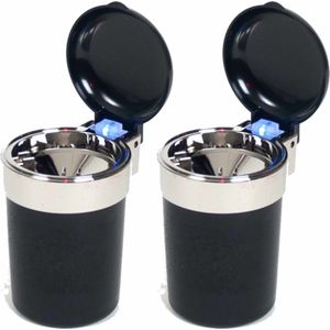2x Auto asbakje met Led lichtje en deksel zwart 11 x 9 cm - geurvrije anti rook auto asbak